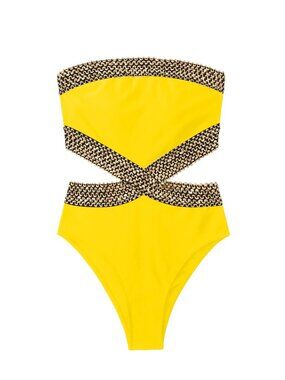 Milumia Stitch Detail Strapless 1 Piece Swimsuit Cut Out Bandeau Bathing "M"